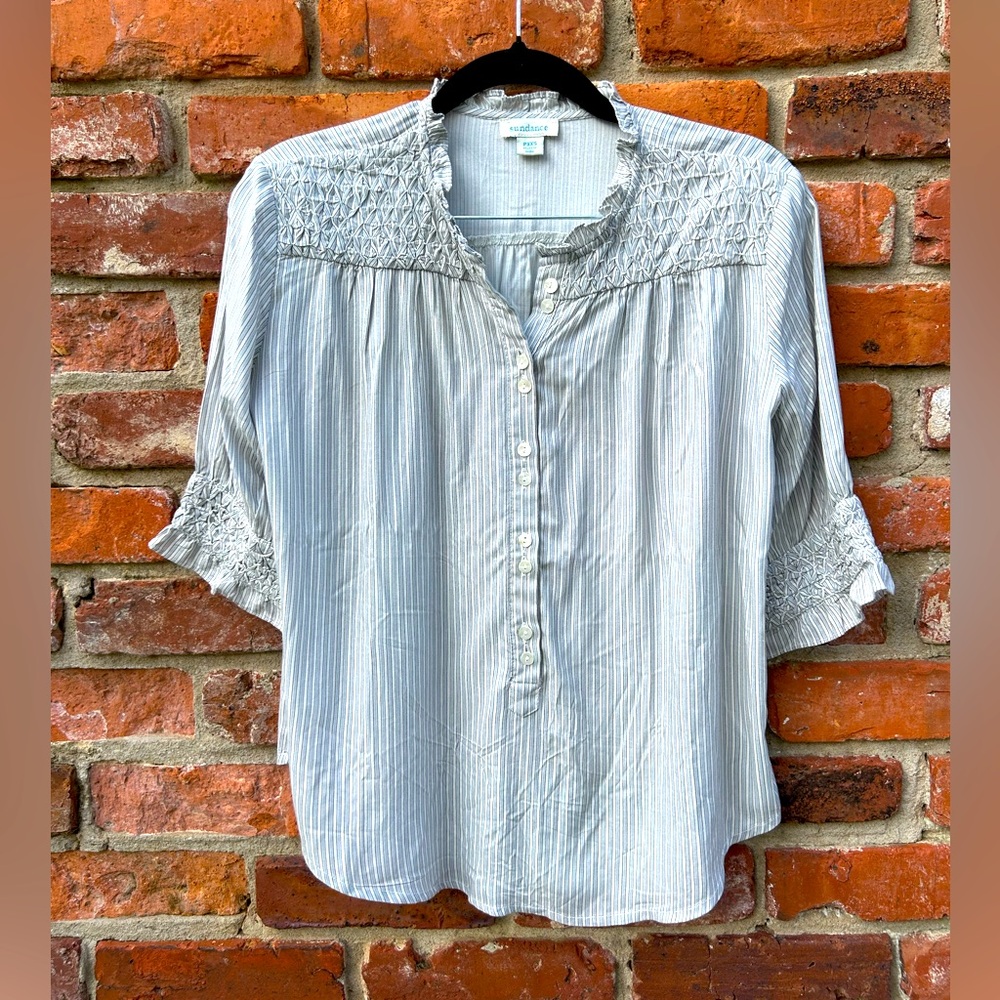 Sundance Women's Striped Blue Gray Ruffled Popover Blouse Size PXXS